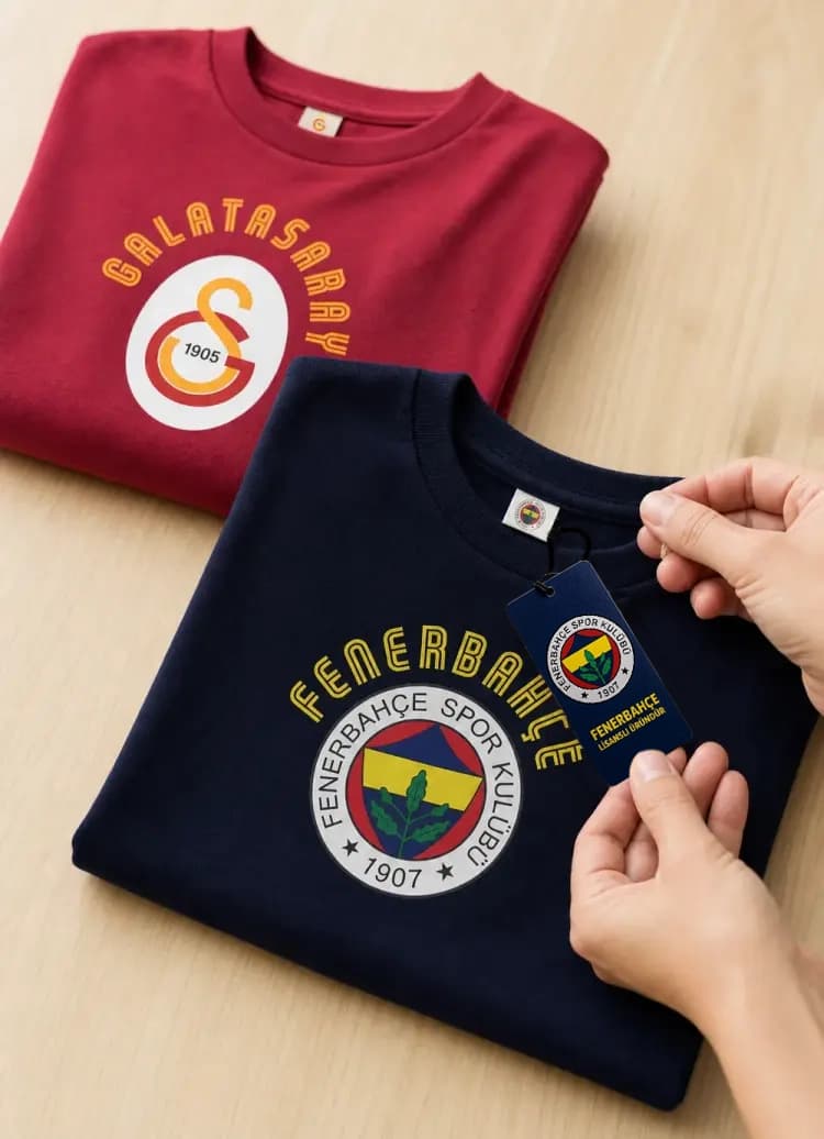 Katlanmış lisanslı çocuk formasına boş askı etiketi takılırken kalite kontrol