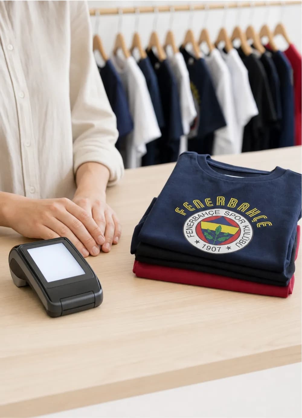 Mağaza tezgâhında ödeme terminali ve katlanmış lisanslı çocuk formaları