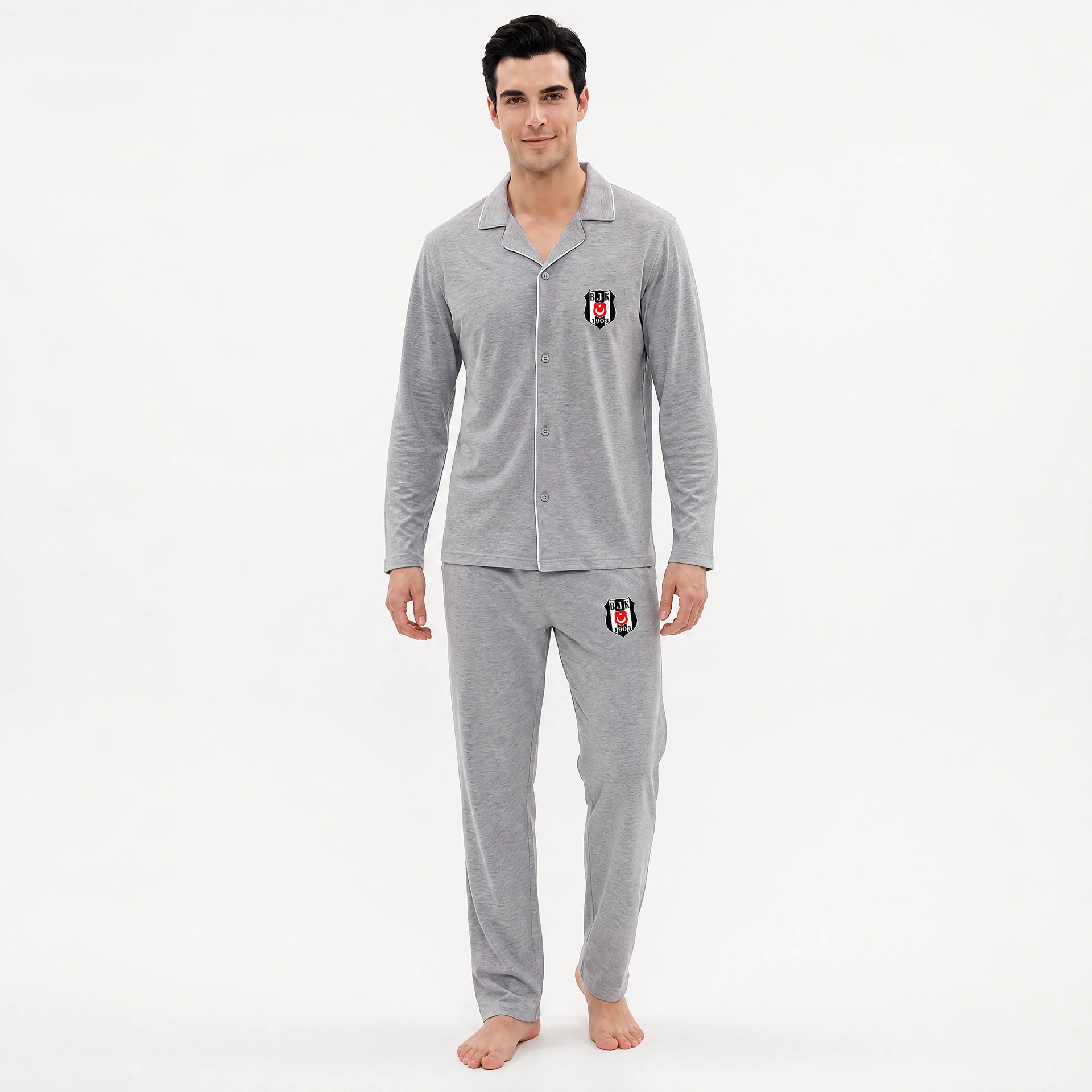 Beşiktaş Erkek Pijama Takımı — Kare Yaka Gri