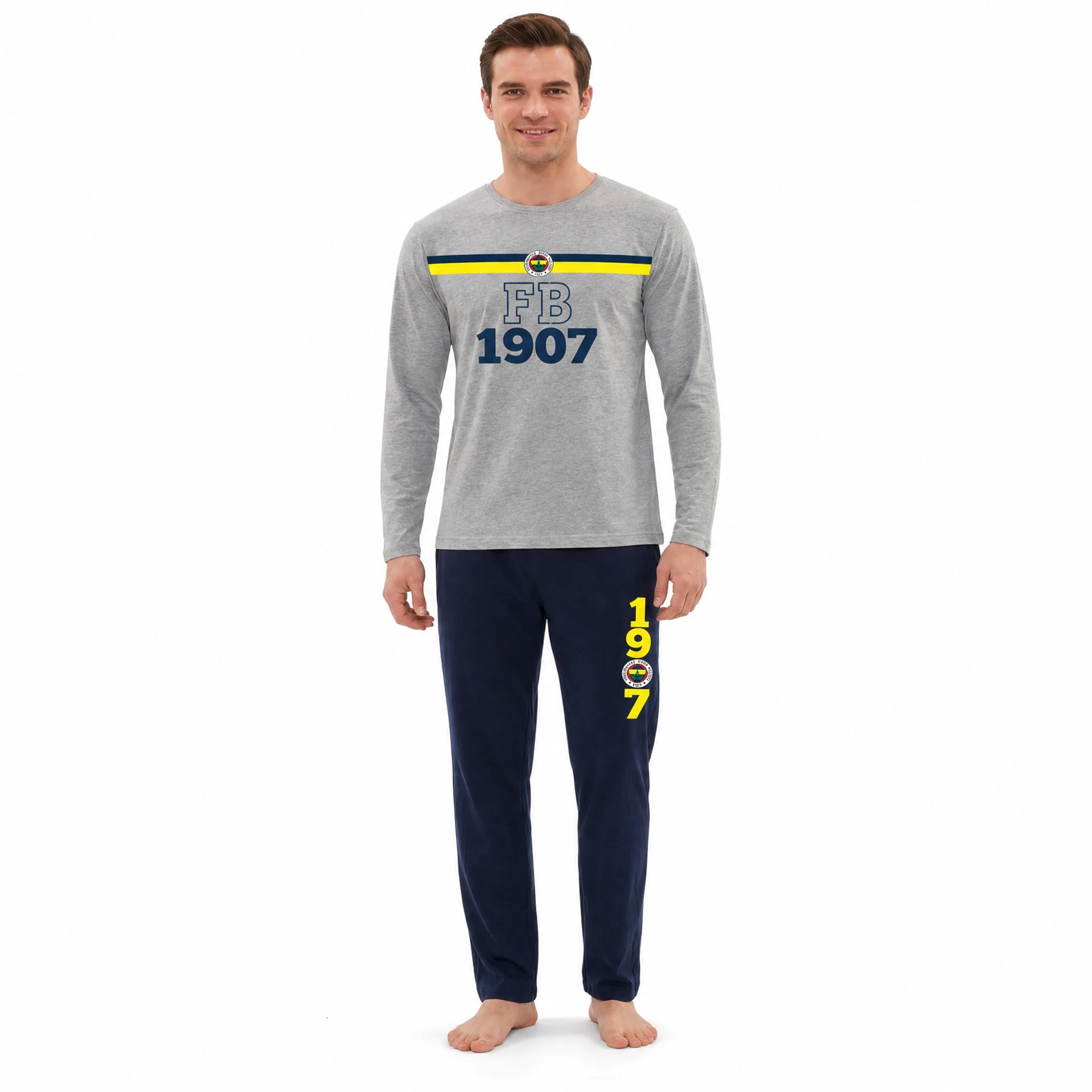 Fenerbahçe Erkek Pijama Takımı — Basic Yaka Gri-Lacivert