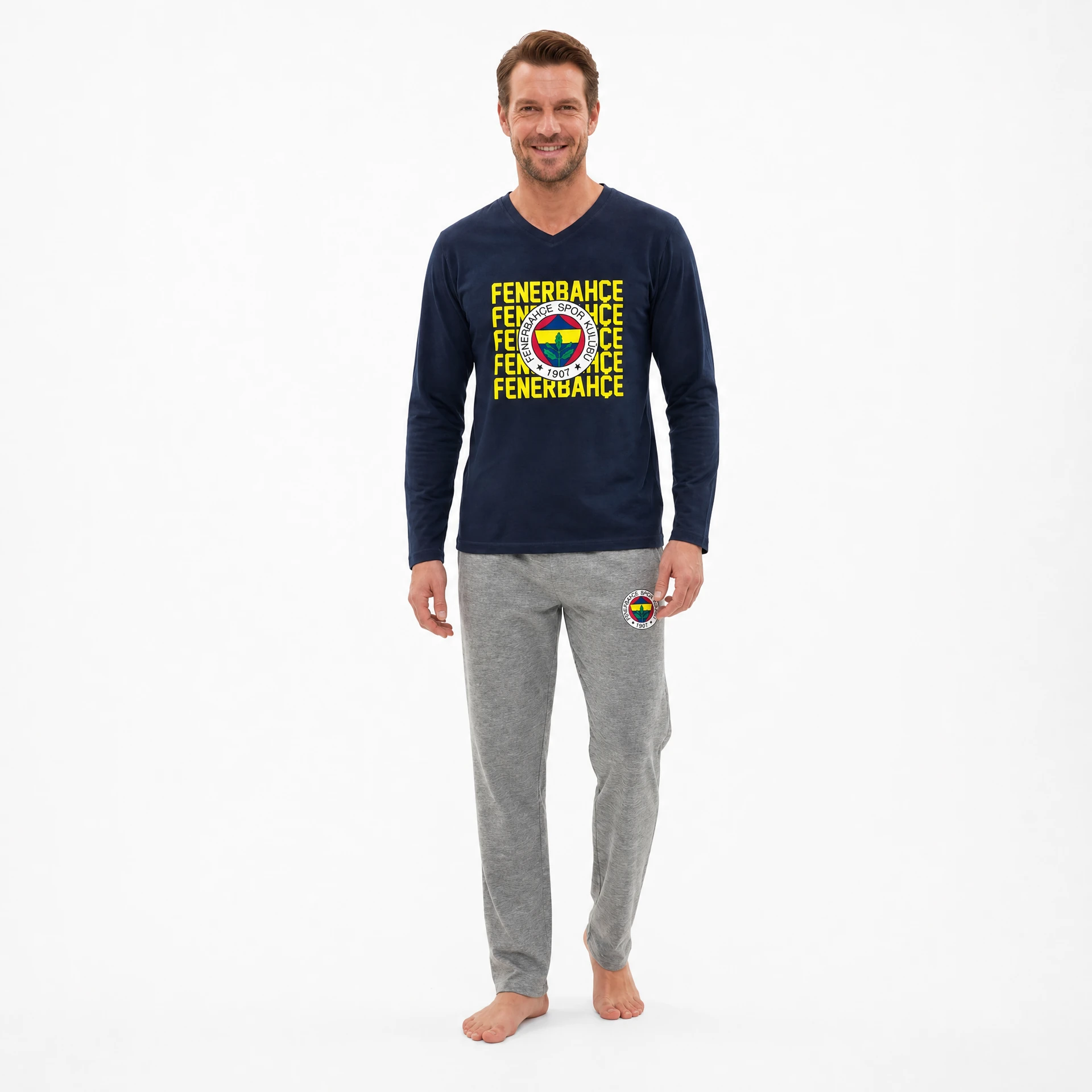 Fenerbahçe Erkek Pijama Takımı — V Yaka Lacivert-Gri