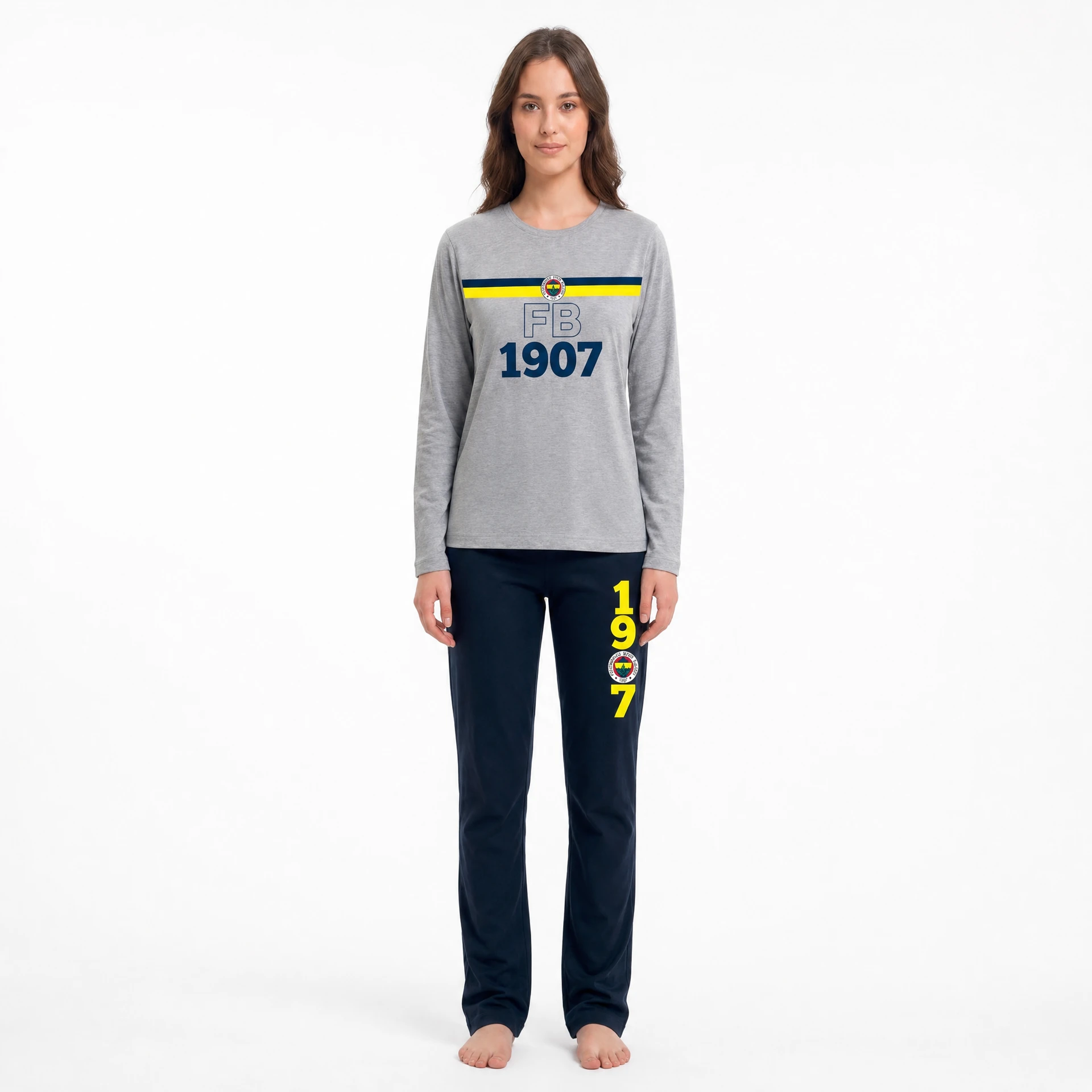Fenerbahçe Kadın Pijama Takımı — Basic Yaka Gri-Lacivert