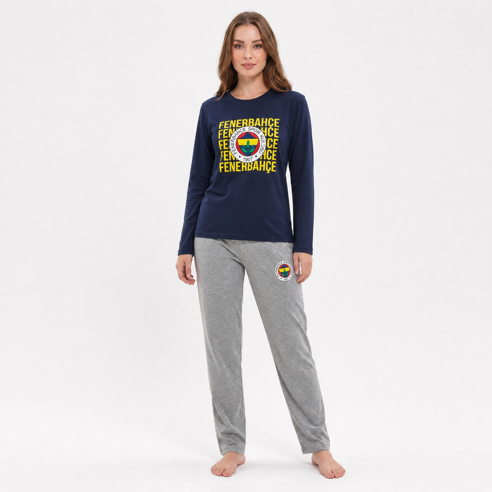 Fenerbahçe Kadın Pijama Takımı — Basic Yaka Lacivert-Gri